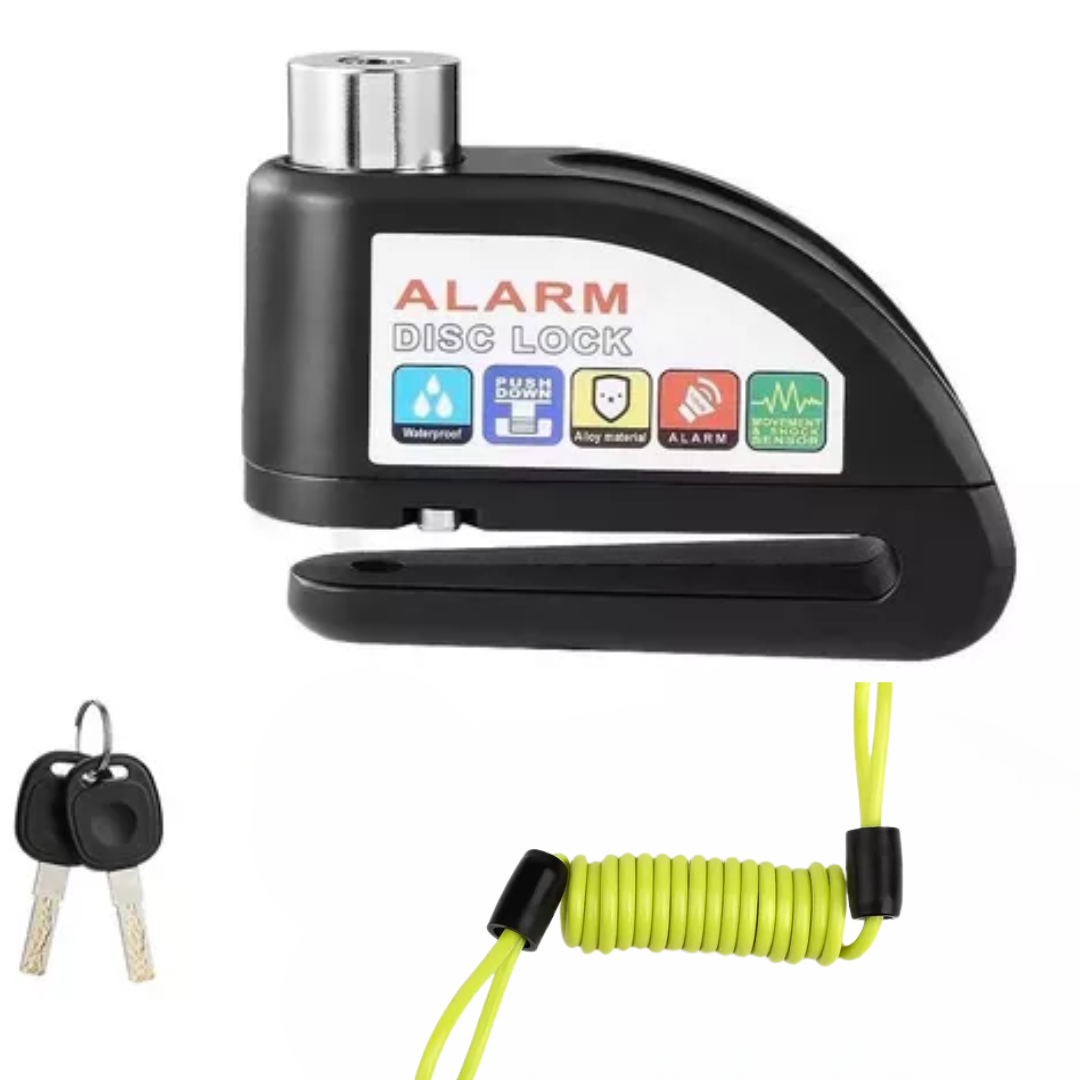CANDADO FRENO DISCO LOCK ALARMA SET GUAYA NEGRO